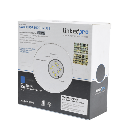 PRO-CAT-5E/100M Cable Cat5e de alto rendimiento, con certificaciones ETL, UL, color gris, de 100 m ( 328 ft ) para aplicaciones en CCTV, redes de datos. Uso interior.