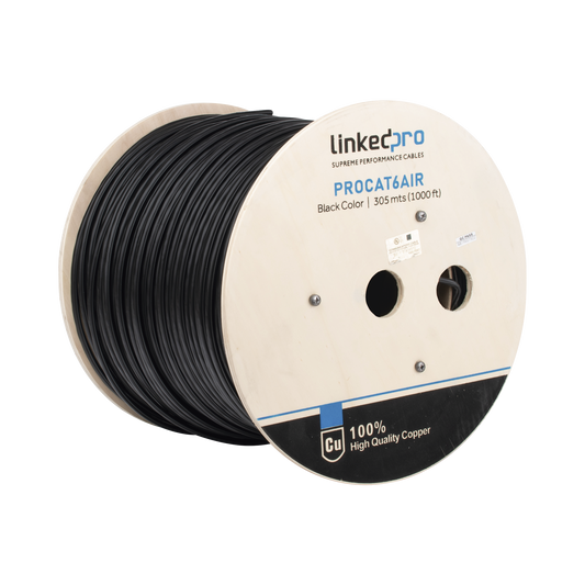 PRO-CAT-6-AIR Bobina de cable FTP con Mensajero de Acero de 305 m Cat6+ CALIBRE 23, color negro, para aplicaciones en video vigilancia y redes de datos / Uso en Intemperie y aplicaciones Aéreas