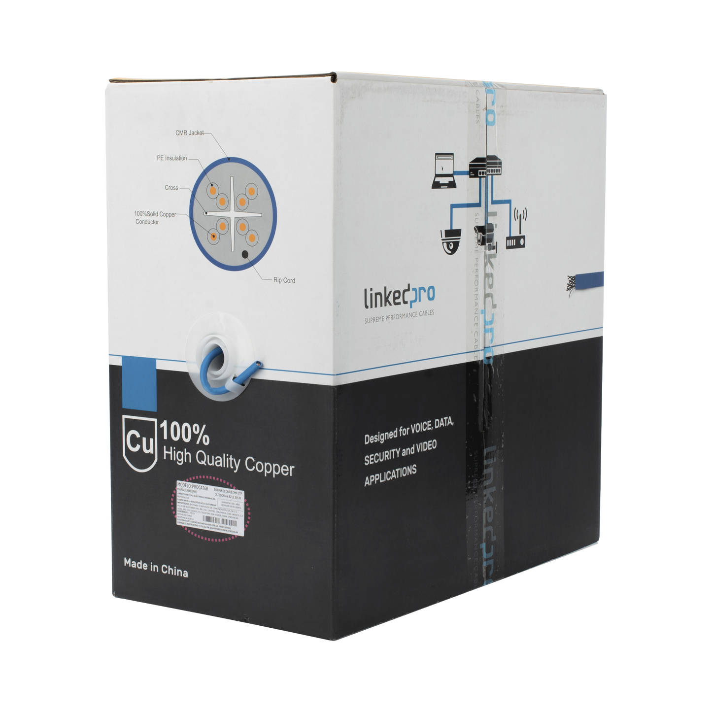 PRO-CAT6-R - Bobina de Cable de 305 Metros (1000 Pies) Cat6+, CMR, Calibre 23 Alto Rendimiento, ETL, UL, Color Azul, Super Flexible, para Aplicaciones de Video Vigilancia, Video HD, y Redes de Datos. Uso Interior.