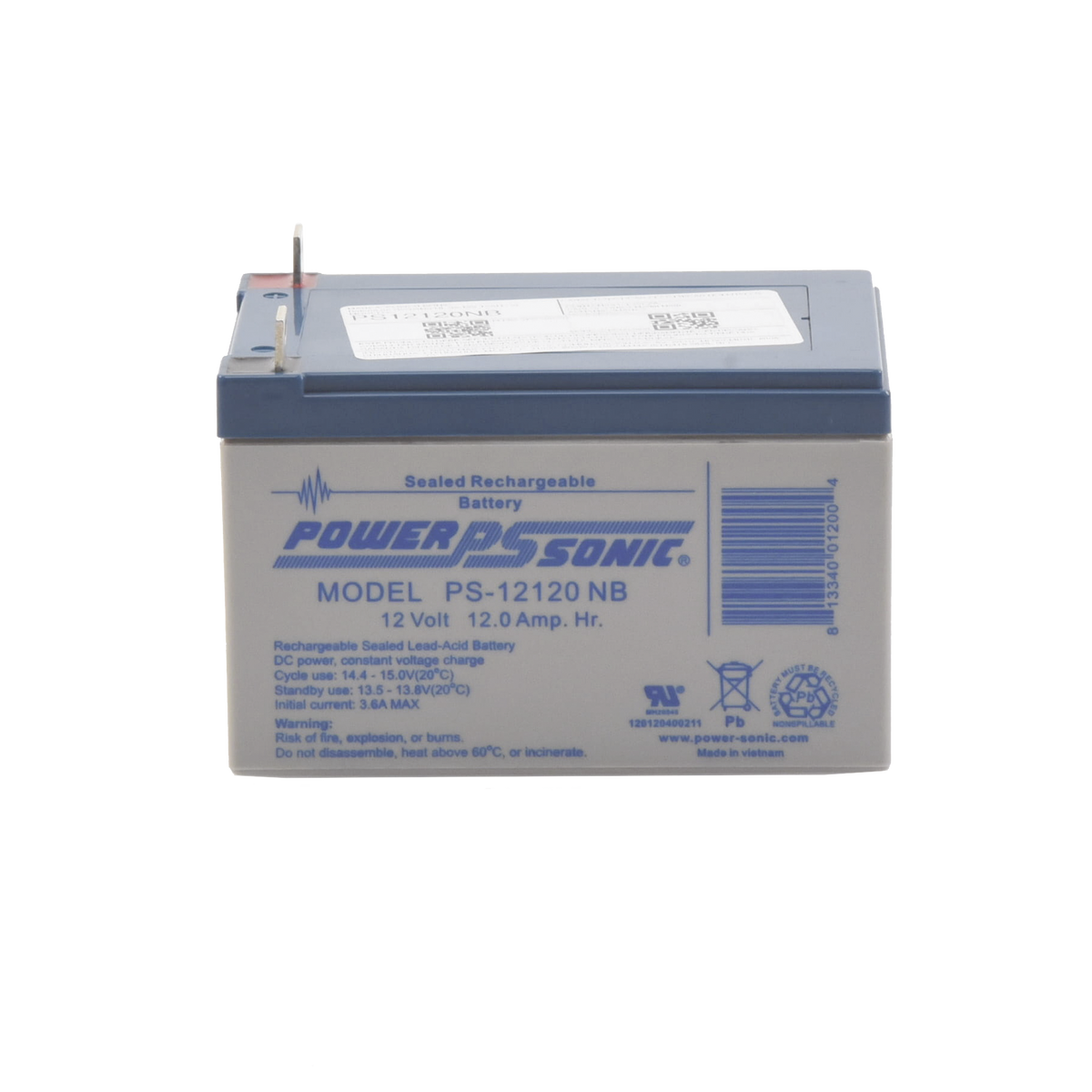 PS-12120-NB - Batería 12V Recargable, 12AH, Para Respaldo, Tecnologías AGM/VRLA, 5 Años Vida Útil, Terminales tipo NB, Reconocida UL , Sin Mantenimiento, Sin Derrames