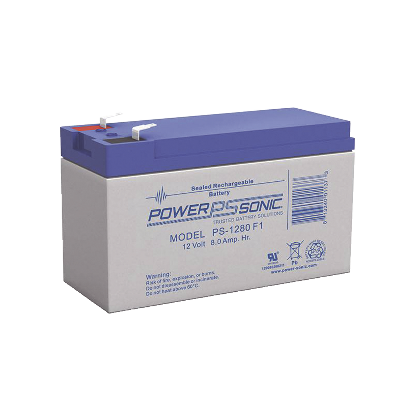 PS-1280-F1 - Batería 12V, 8AH, Para Respaldo, Tecnologías AGM/VRLA, 5 Años Vida Útil, Terminales F1, Reconocida UL