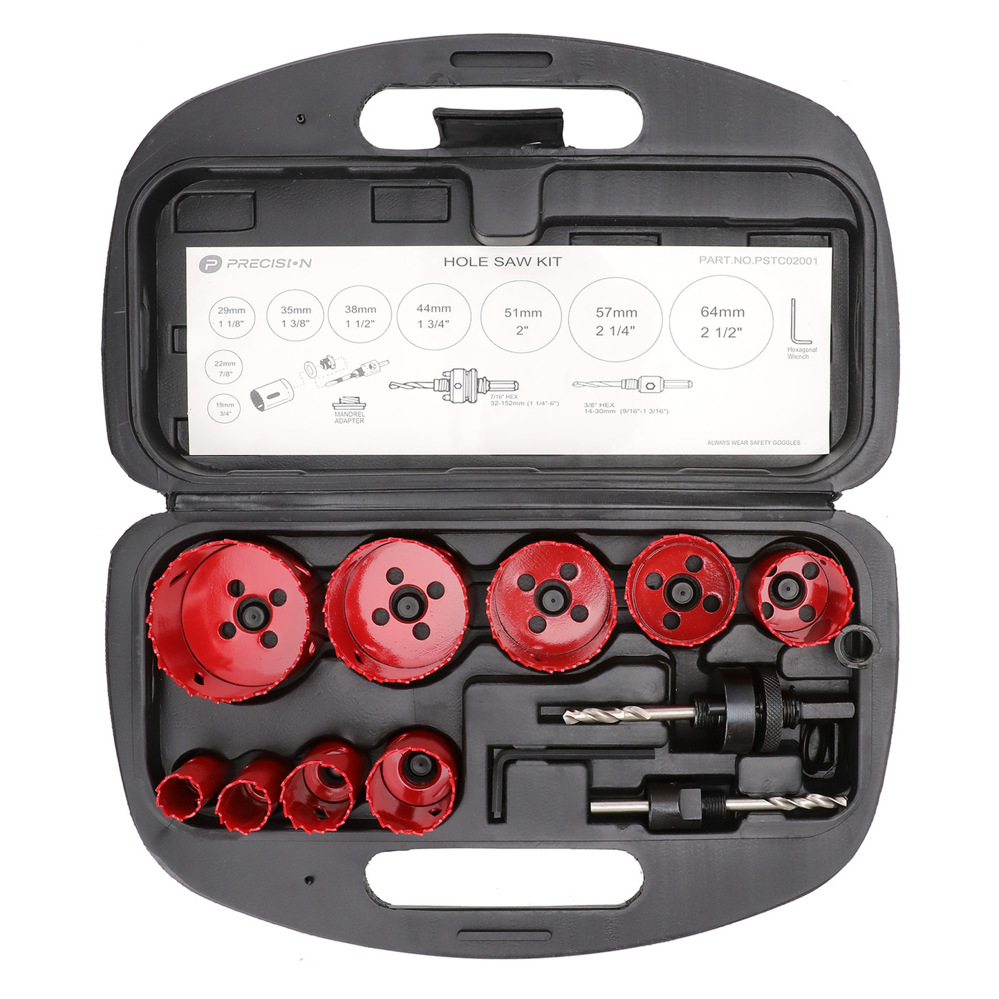 PST-C020-01 - Juego de 13 Brocas Sierra Bimetálica con Adaptadores y Estuche. (3/4", 7/8", 1-1/8", 1-3/8",  1-1/2", 1-3/4", 2", 2-1/4", 2-1/2")