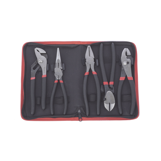 PST-H010-03 - Juego de 5 Pinzas de 8" con Estuche. Incluye: P. Mecánica, P. para Tubo, P. Eléctrica, P. Corte, Nariz Larga.