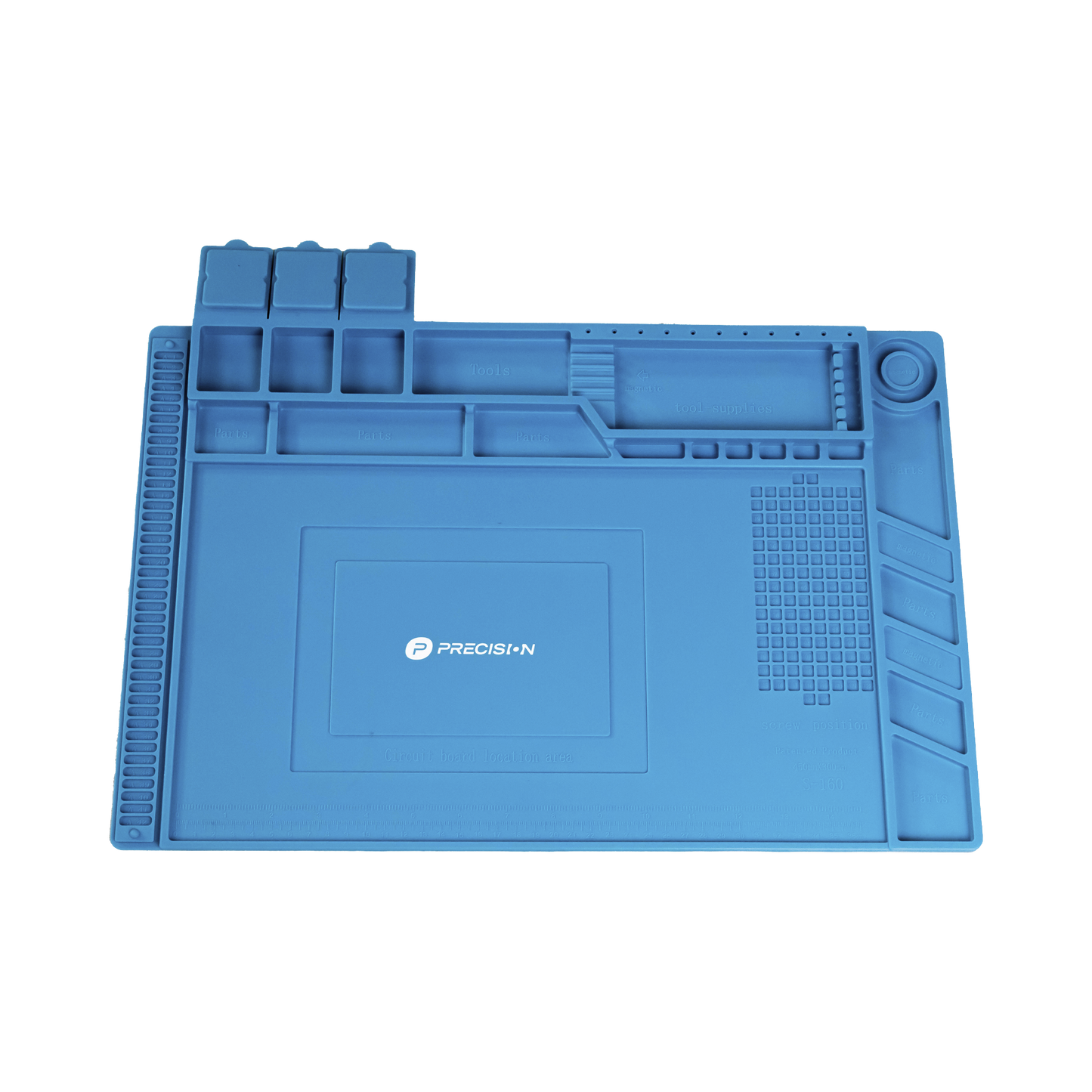 PST-S03-001 - Tapete de silicona de 45 x 30 cm, resistente al calor con áreas magnéticas y de almacenamiento de componentes, ideal para la reparación de equipos y tarjetas electrónicas.