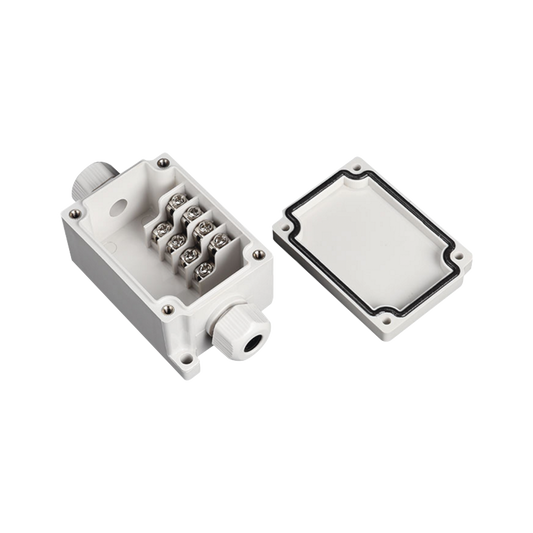 PST-TJ-4P Caja de Conexión Exterior con Conexión Lateral para 4 Líneas (doble tornillo). Incluye Glándulas.