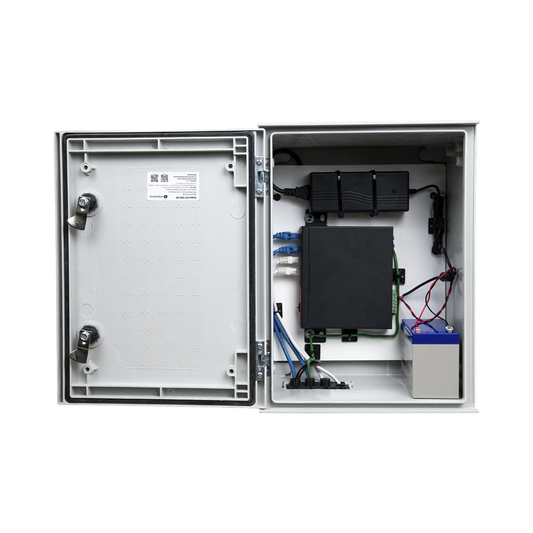 PST-UPS-BAT1 KIT de Gabinete de Poliéster (300 x 400 x 200 mm) + Controlador de Carga con Switch PoE (5) + Batería de 12V 7Ah