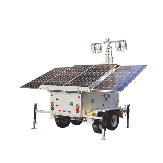 Traila de Doble Eje con Mástil Retráctil de 7.5 m. para Videovigilancia o Iluminación, con Bases para Instalar Paneles Solares y Baterías (No incluidos)