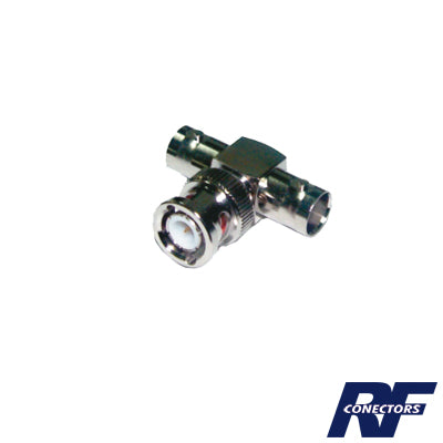 RFB-1130 - Adaptador en T para 50 Ohm de BNC Macho a Doble BNC Hembra, Maquinado, Níquel/ Oro/ Teflón.