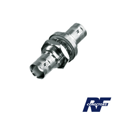 RFB-1135 - Adaptador Doble BNC Hembra para Chasis, Hermético y de Montaje en D-Plano, Níquel/ Oro/ Delrin.