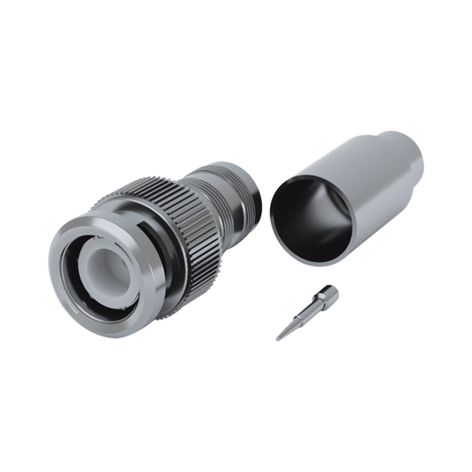 Conector BNC Macho de 75 Ohm, Anillo Plegable para RG-59/U, Níquel/ Oro/ Teflón.