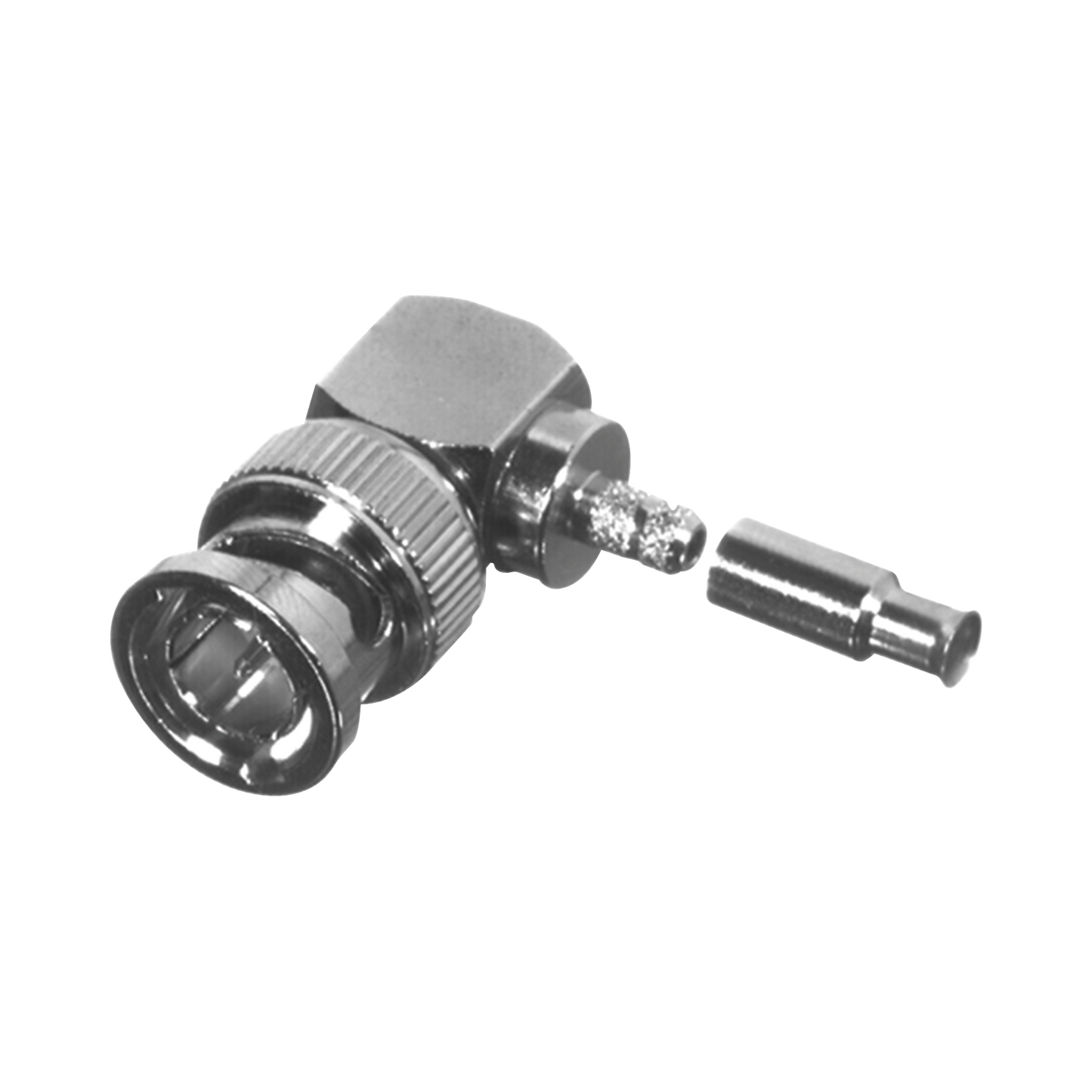 Conector BNC Macho en Ángulo Recto para 75 Ohm, Anillo Plegable para Cable RG-179/U, Grupo S1, Níquel/ Oro/ Teflón.