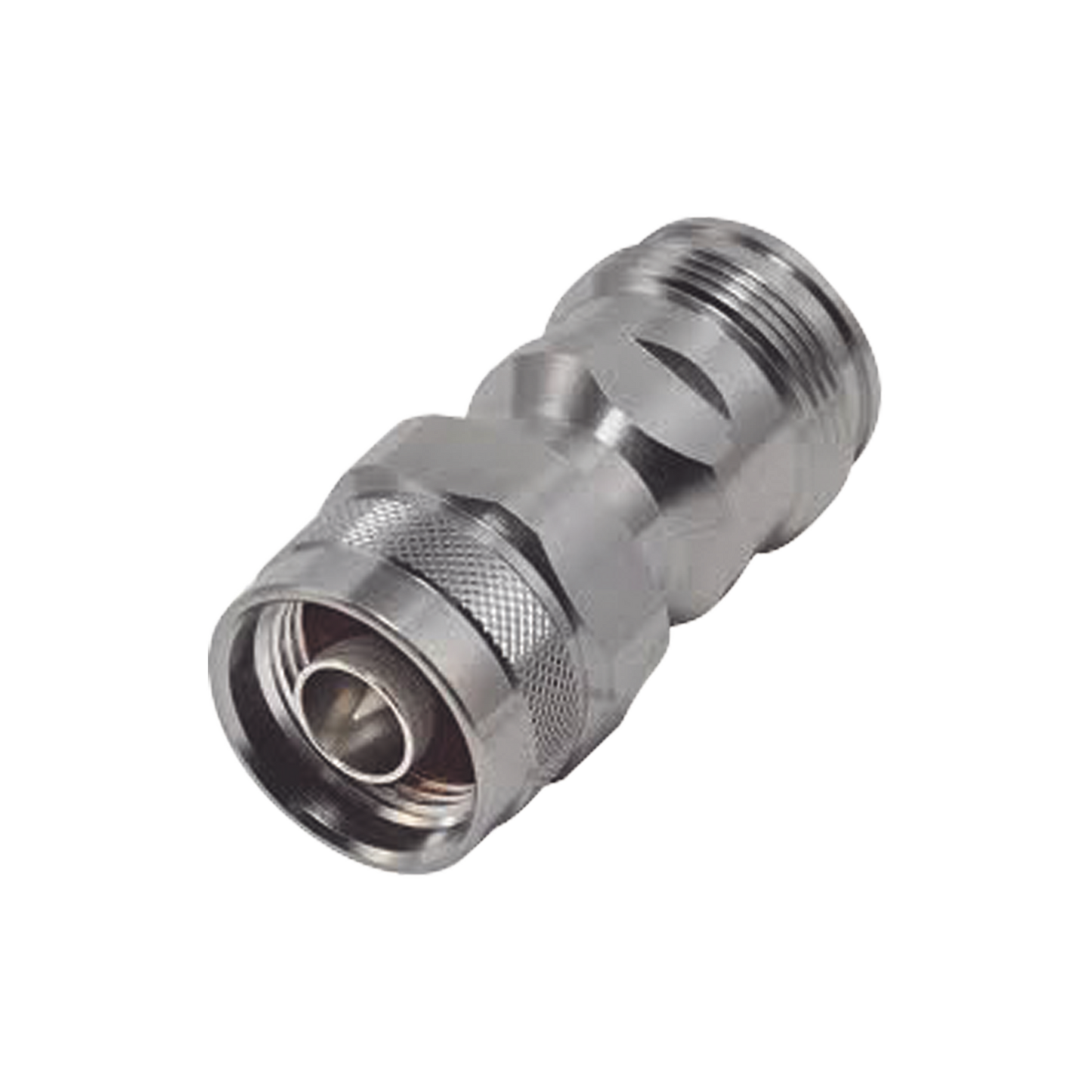 RFD-43F-NM - Adaptador en Línea de Conector 4.3-10 Hembra a N Macho, Bronce Blanco/ Plata/ Teflón.