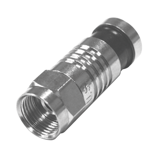 Conector F Macho Plegado Axial por Compresión para RG-59/U, Cuerpo en Níquel y Banda Negra.