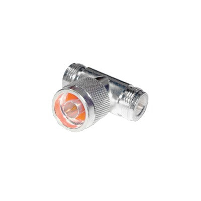 RFN-1010-1 - Adaptador en T, de Conector N Macho a Doble N Hembra, Plata/ Oro/ Teflón.