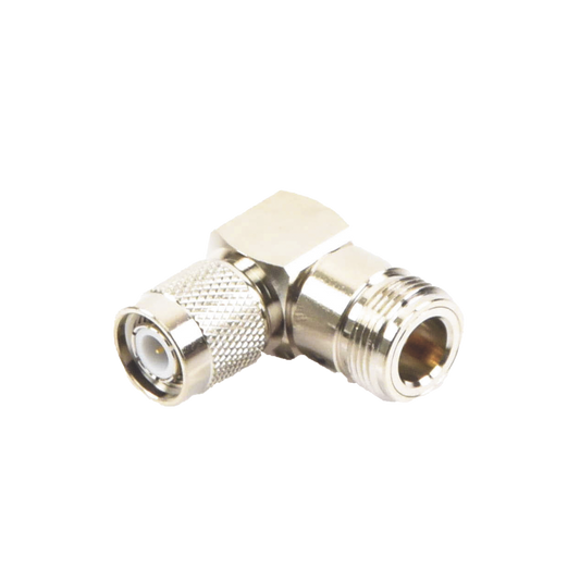 RFT-1234-11 - Adaptador en Ángulo Recto de Conector TNC Macho a N Hembra, Níquel/ Oro/ Teflón.