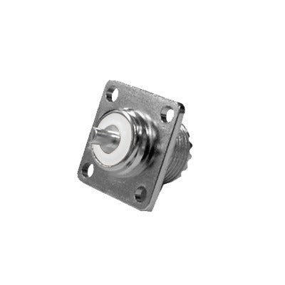 RFU-521-ST - Conector UHF Hembra (SO-239) para Montaje de Chasis con 4 Hoyos a 18 mm, Terminal Soldable, Plata/ Oro/ Teflón.