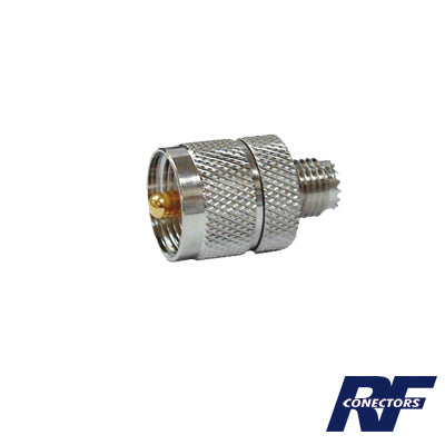 RFU-626 - Adaptador en Línea de Conector Mini UHF Hembra a UHF Macho (PL-259), Níquel/ Oro/ Teflón.