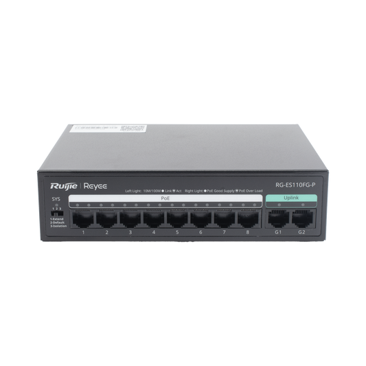 RG-ES110FG-P - Switch PoE+ no Administrable, hasta 110 Watts, 8 puertos PoE+ 10/100 y 2 Uplinks Gigabit 1G