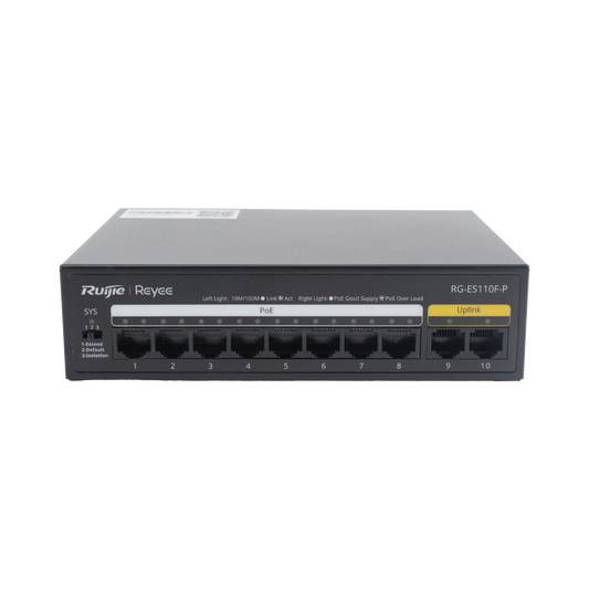 RG-ES110F-P - Switch PoE+ no Administrable, Hasta 110 Watts, 8 puertos PoE+ y 2 Uplinks 10/100