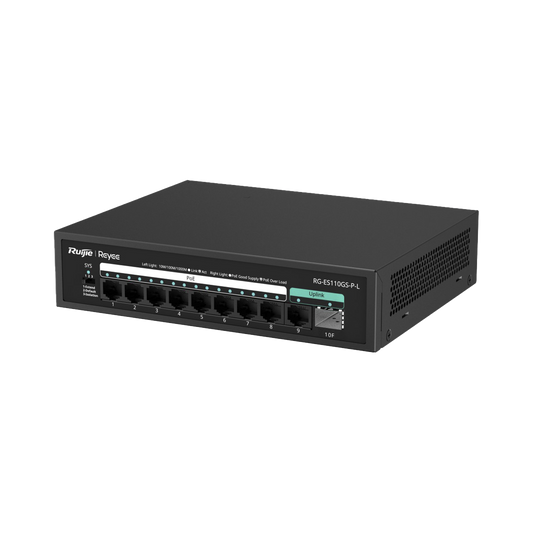 RG-ES110GS-P-L - Switch PoE+ no Administrable, hasta 120 Watts, no administrable, 8 puertos PoE+, 2 Uplink Gigabit Ge / SFP