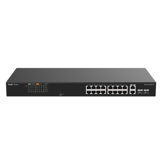 RG-ES118FGS-LP - Switch PoE+ no Administrable, Hasta 120 Watts, Ideal para CCTV, 16 Puertos PoE +10/100, 2 Uplinks Gigabit y 2 SFP COMBO
