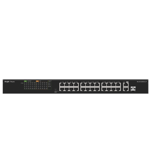 RG-ES126FGS-LP - Switch PoE+ no Administrable, hasta 180 Watts Ideal para CCTV, 24 Puertos 10/100 PoE+, 2 Uplinks Gigabit (1 SFP COMBO)