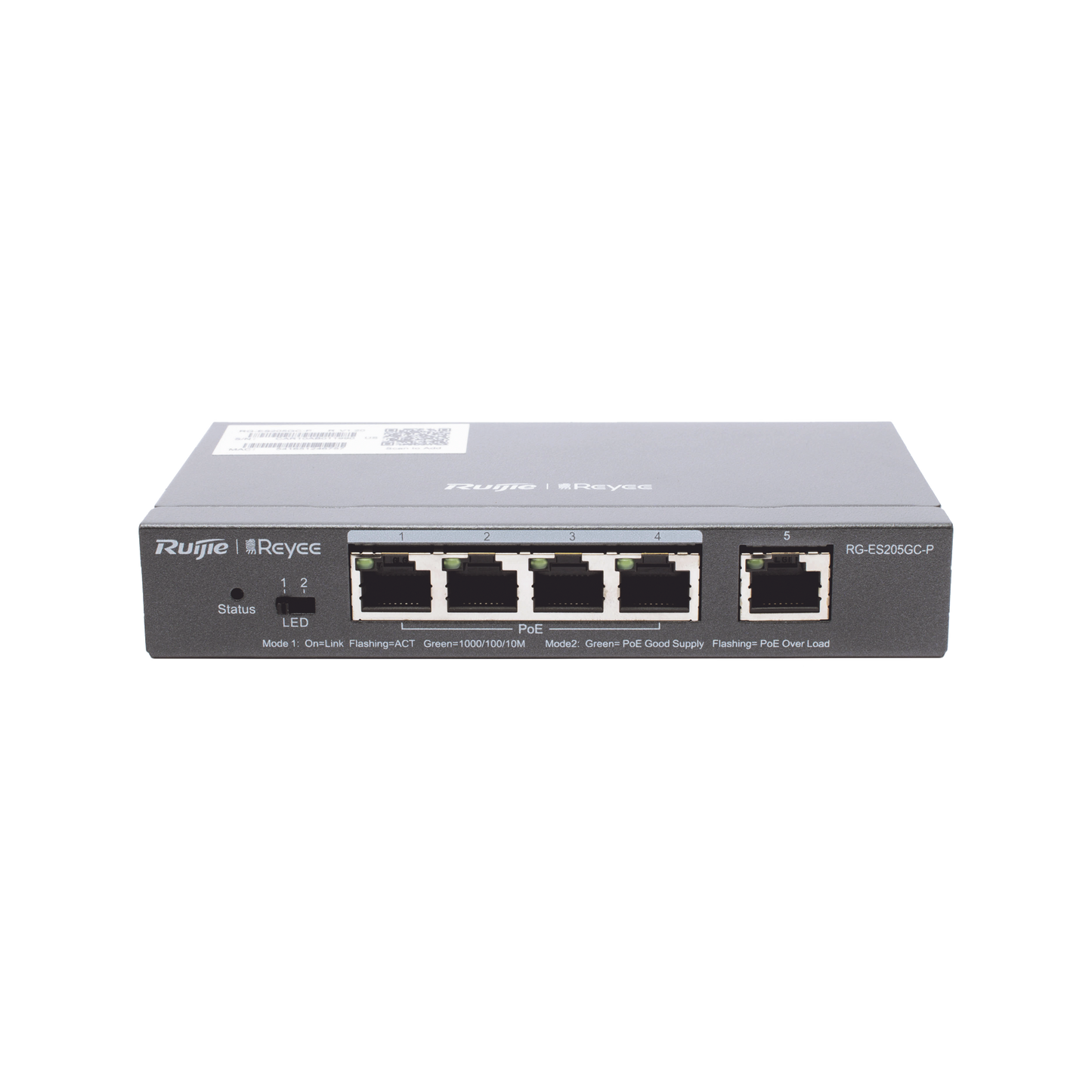 RG-ES205GC-P - Switch Administrable PoE con 5 puertos Gigabit, 4 PoE 802.3af/at, gestión gratuita desde la nube, 54w