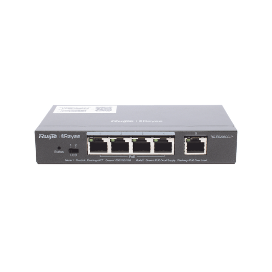 RG-ES205GC-P - Switch Administrable PoE con 5 puertos Gigabit, 4 PoE 802.3af/at, gestión gratuita desde la nube, 54w