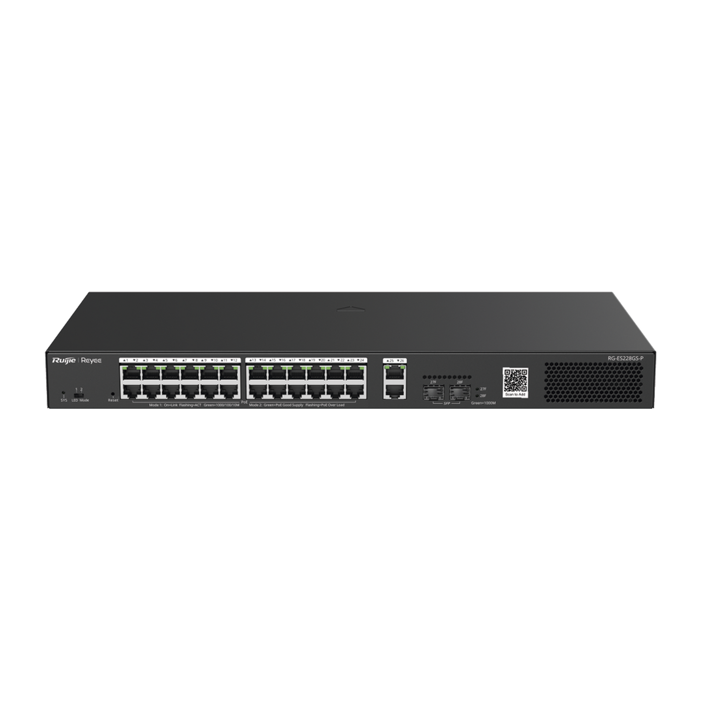 RG-ES228GS-P - Switch Smart PoE con 24 puertos Gigabit PoE 802.3af/at + 2 SFP para fibra 1Gb, gestión gratuita desde la nube, 370w