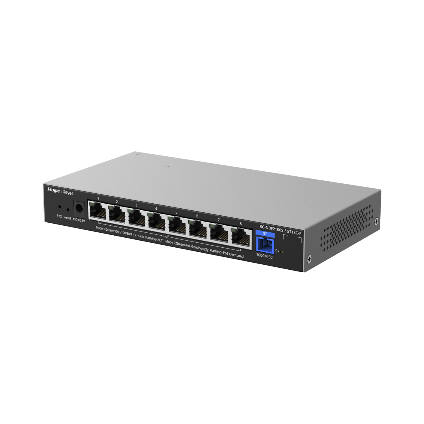 RG-NBF2100S-8GT1SC-P - e-Lighten ONU / Switch PoE+ Hibrido, Capa 2 con un Puerto PON 1G SC/UPC y 8 Puertos Ethernet PoE+ 1G hasta 120 Watts y 100 Clientes