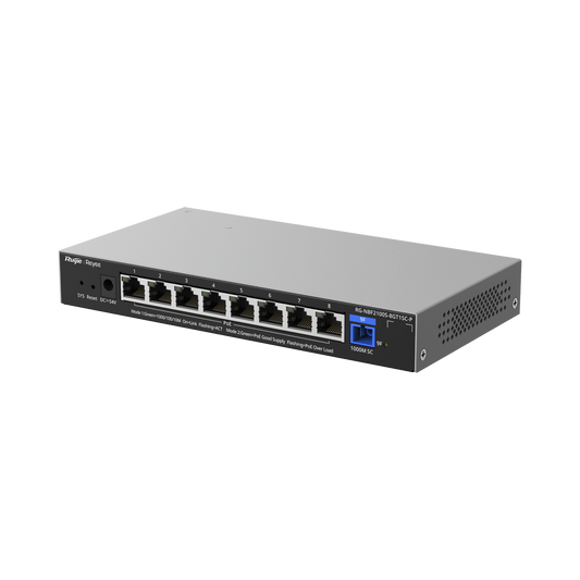 RG-NBF2100S-8GT1SC-P - e-Lighten ONU / Switch PoE+ Hibrido, Capa 2 con un Puerto PON 1G SC/UPC y 8 Puertos Ethernet PoE+ 1G hasta 120 Watts y 100 Clientes