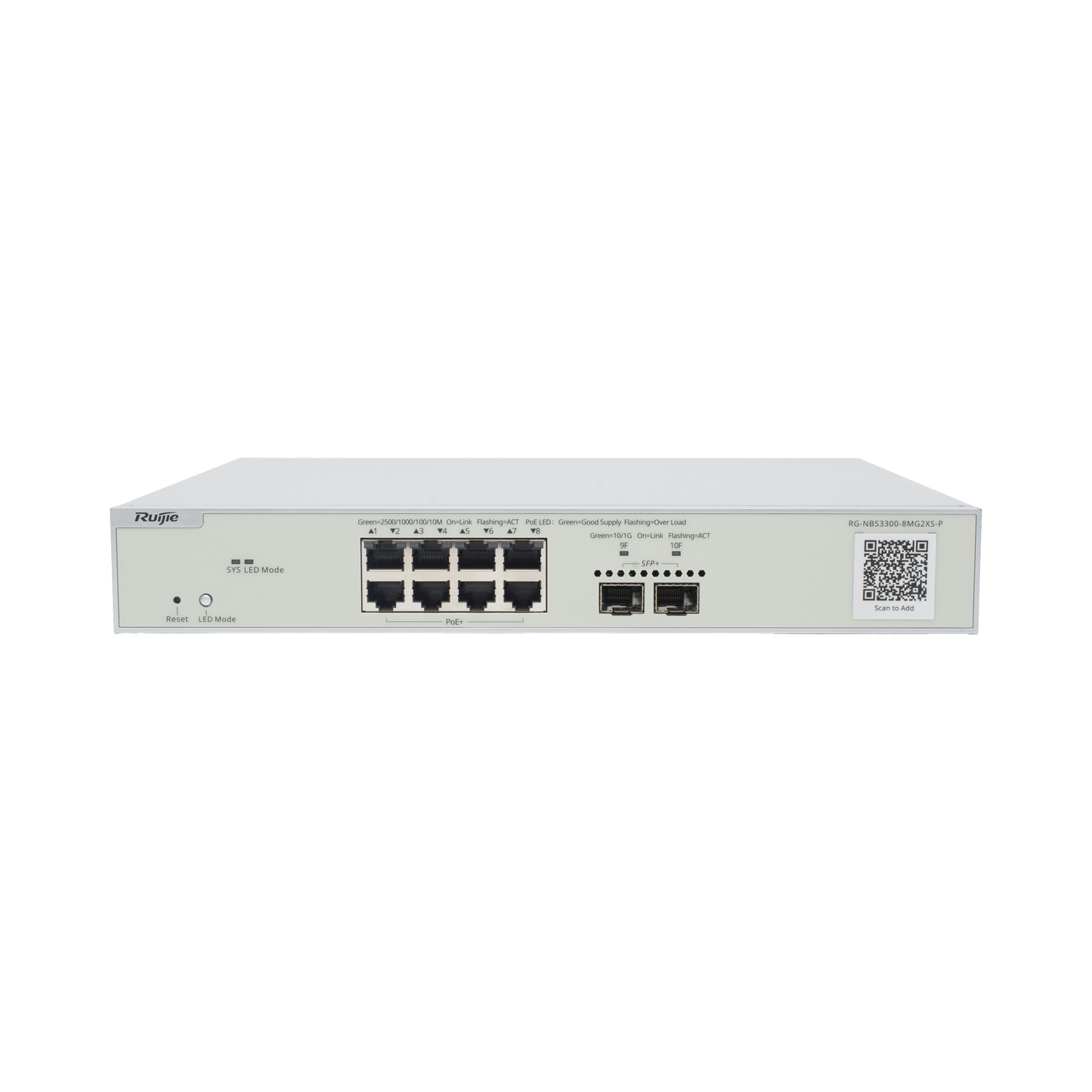RG-NBS3300-8MG2XS-P - Switch Multi-Gigabit PoE+ Capa 2 con 8 Puertos 2.5G PoE+ hasta 240W y 2 Uplink SFP+ 10G ,Administrable Cloud, Diseñado Para Access Points WiFi 6/7