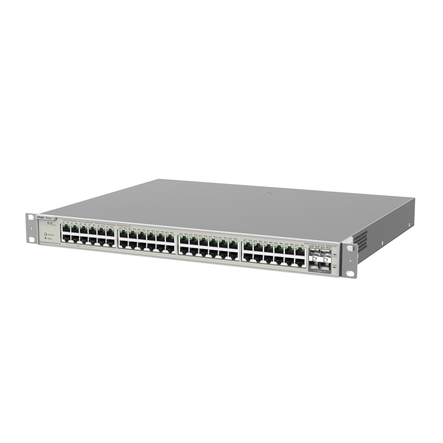 RG-NBS5200-48GT4XS-UP - Switch Administrable Capa 3 con 48 puertos Gigabit PoE 802.3af/at + 4 SFP+ para fibra 10Gb, gestión gratuita desde la nube, 740W