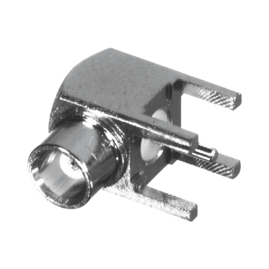 Conector MCX Hembra en Ángulo Recto para Montaje en PCB, Oro/ Oro/ Teflón.