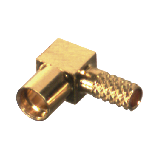 Conector MMCX Hembra en Ángulo Recto de Anillo Plegable para Cable RG-174/U, Grupo B, Oro/ Oro/ Teflón.