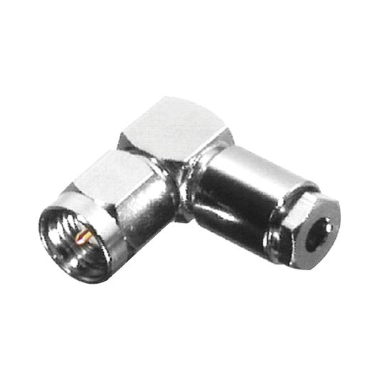 Conector SMA Macho en Ángulo Recto, de Rosca para RG-174/U, Grupo B, Níquel/ Oro/ Teflón.�??