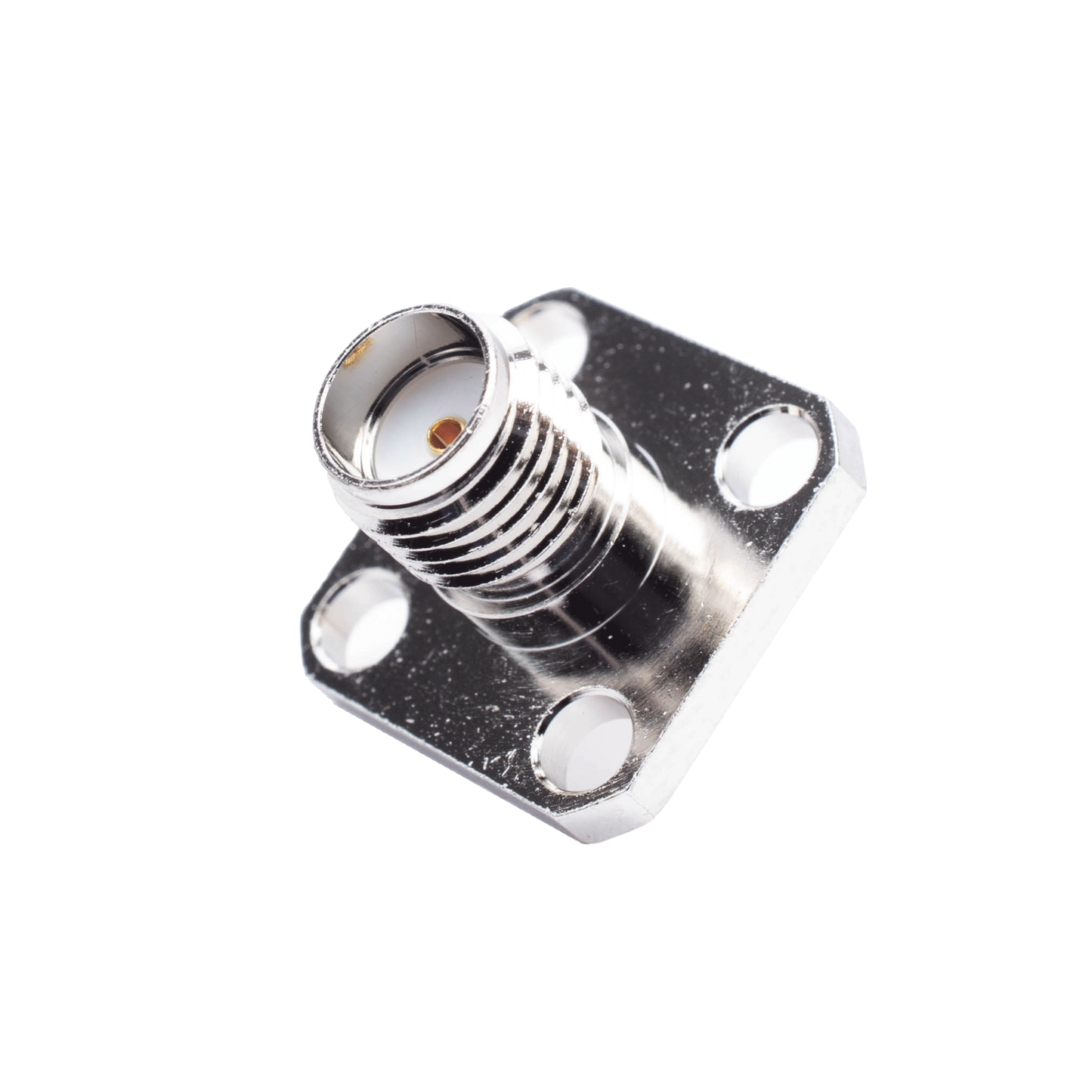 RSA-3271 - Conector SMA Hembra, Montaje de Panel Cuadrado, 4 Perforaciones, Soldable, Niquel/ Oro/ Teflón.