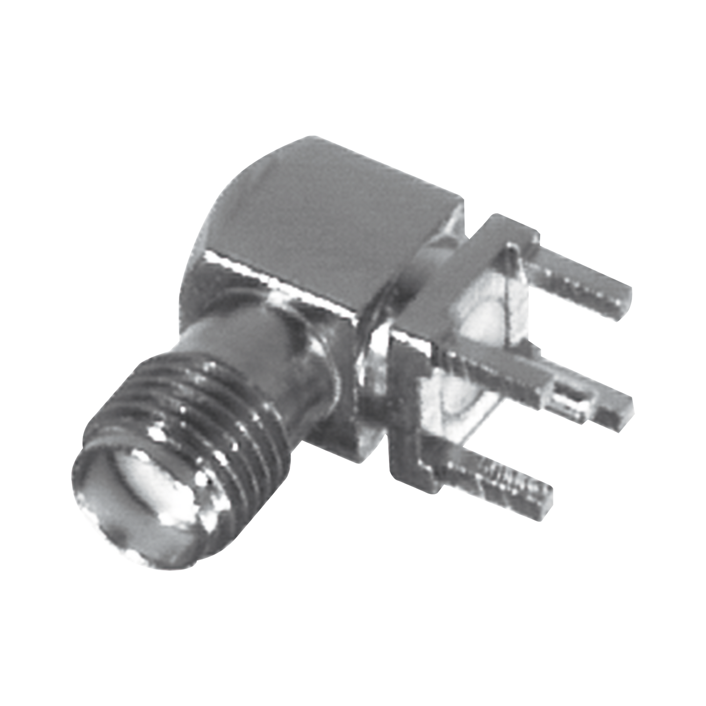 Conector SMA Hembra en Ángulo Recto con Terminal y 4 Patas para Montaje PCB, Níquel/ Oro/ Teflón.�??