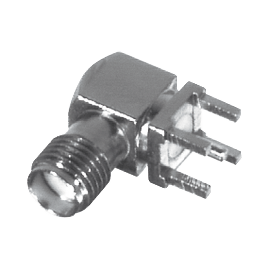 Conector SMA Hembra en Ángulo Recto con Terminal y 4 Patas para Montaje PCB, Níquel/ Oro/ Teflón.�??