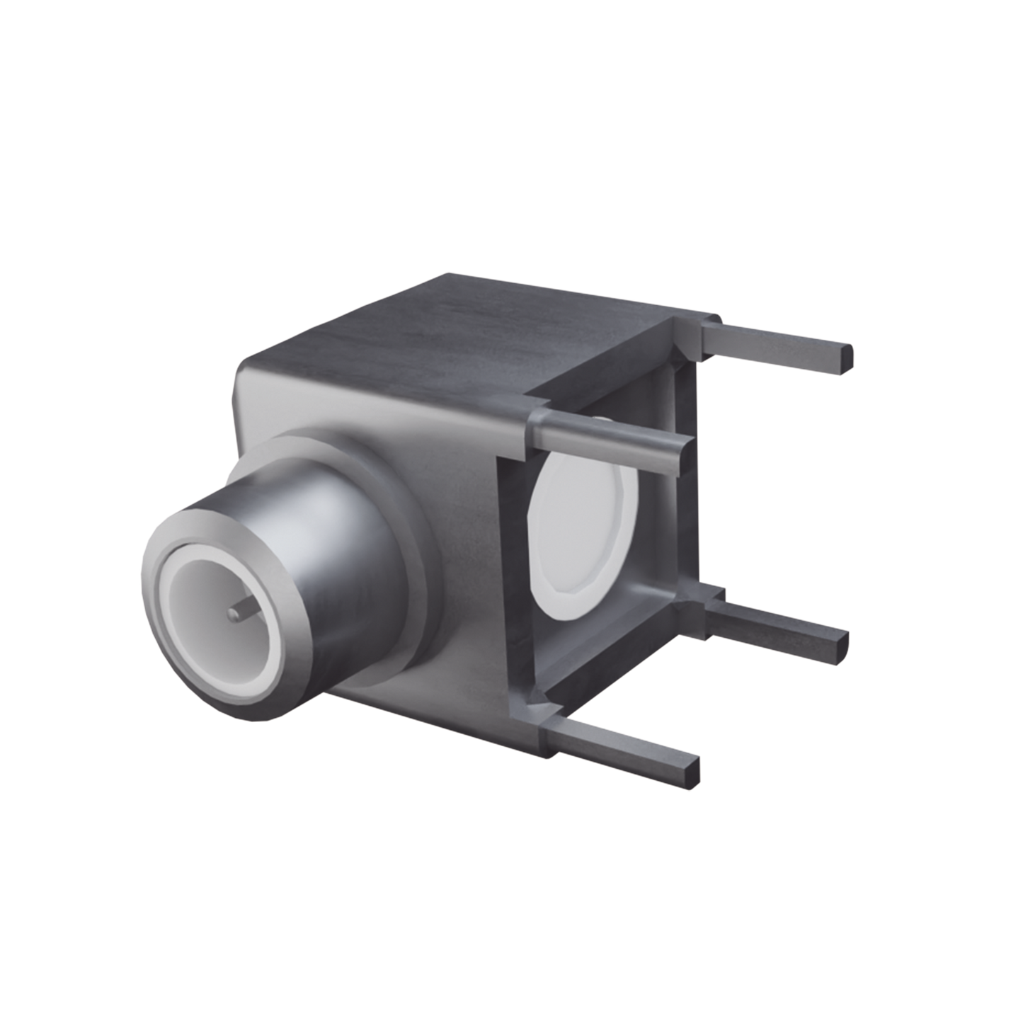 Conector SMB Hembra (PIN Macho)  en Ángulo Recto de Montaje para PCB, 75 Ohm, Oro/ Oro/ Teflón.