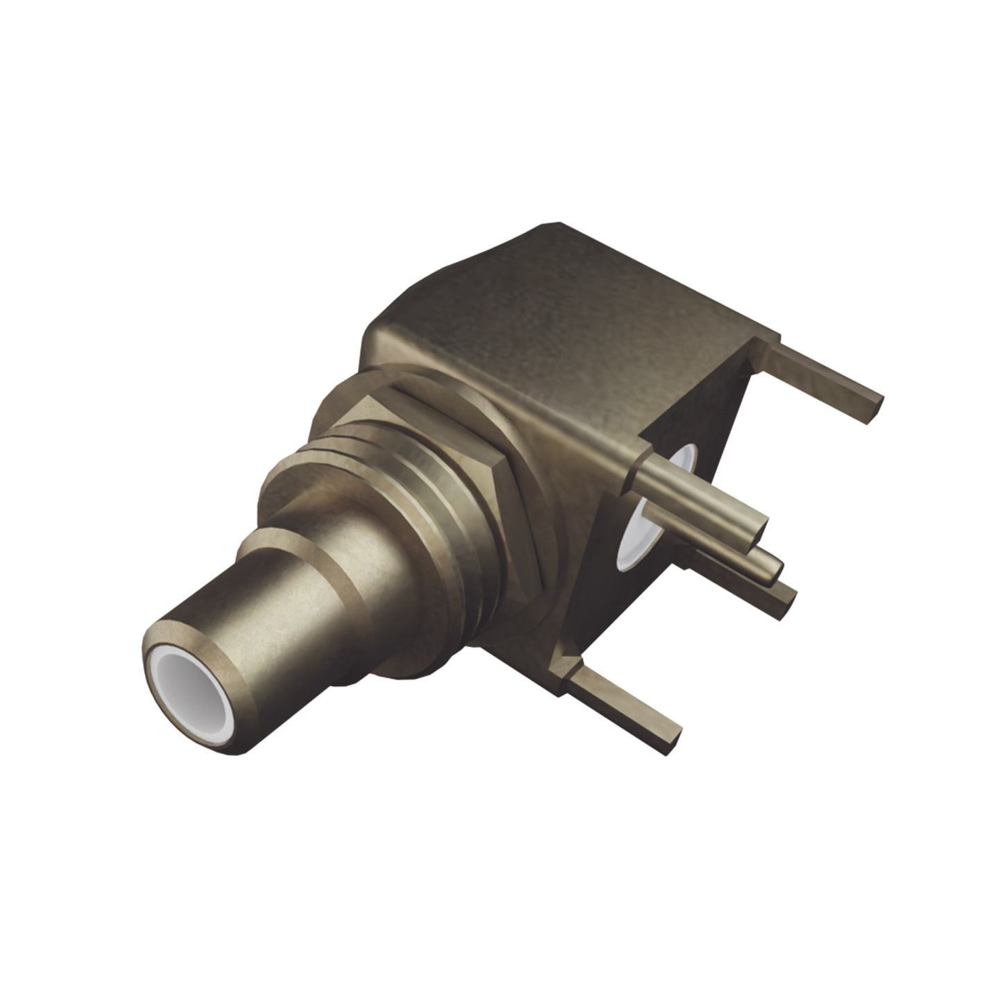 Conector SMB Hembra (PIN Macho) en Ángulo Recto para Montaje en PCB, 4 Patas, Oro/ Oro/ Teflón.�??