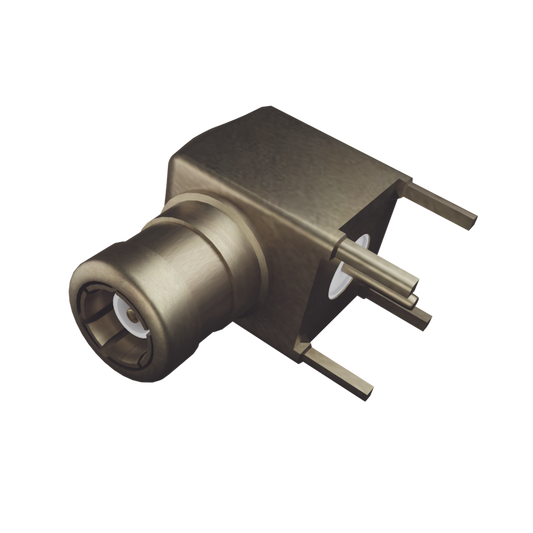 Conector SMB Macho (PIN Hembra) en Ángulo Recto, con Terminal y 4 Patas para Montaje en PCB, Oro/ Oro/ Teflón.�??