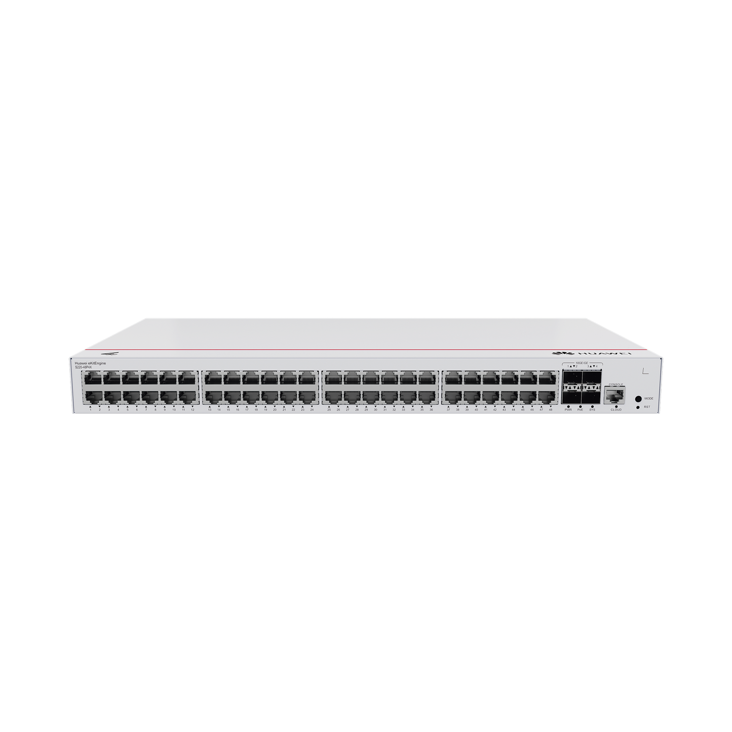 S220-48P4X - Switch de Acceso Gigabit Administrable PoE Capa 2 / 48 puertos 10/100/1000 Mbps (PoE) / 4 Puertos 10GE SFP+ Uplink / ERPS / IMGP Snooping / DHCP Snooping / PoE Perpetuo / 380W / Administración Nube Gratis