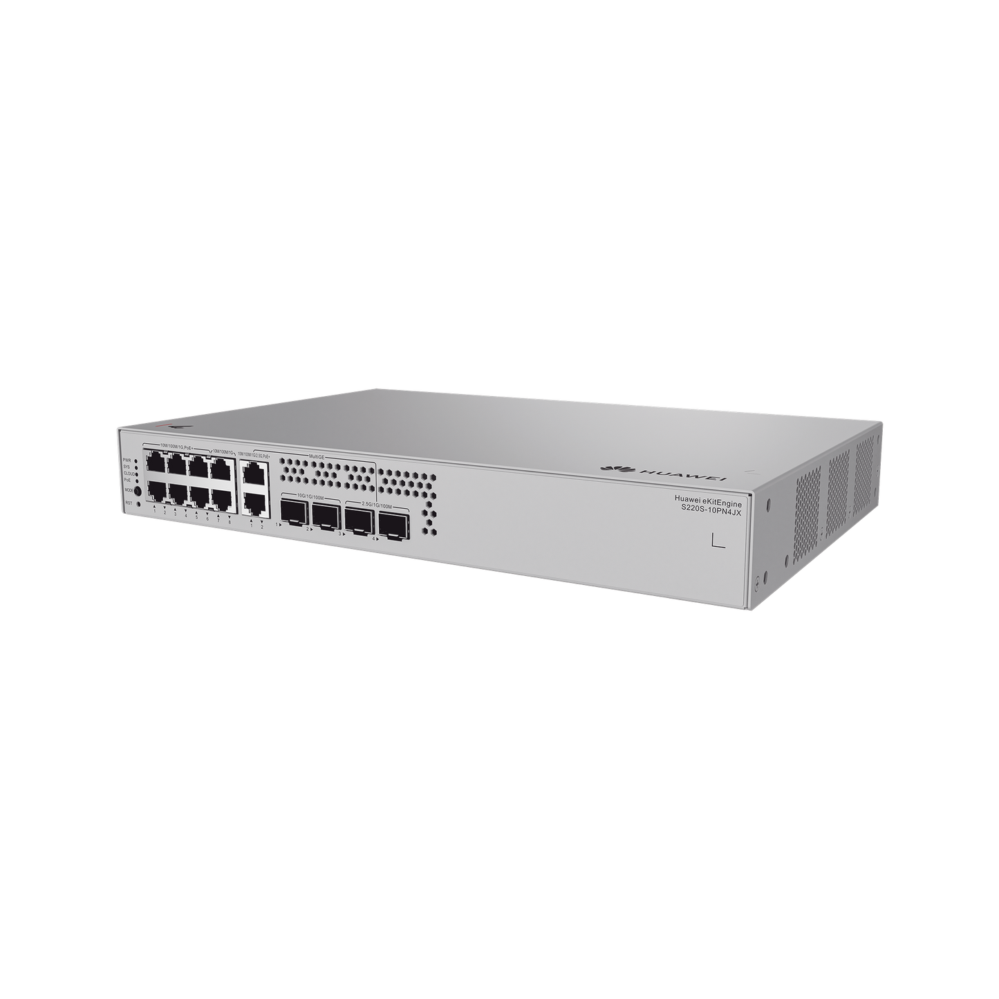 S220S-10PN4JX - Switch de Acceso eKit Administrable / Capa 2 / 6 Puertos PoE+ Gigabit + 2 Puertos PoE+ Multi-Gigabit (2.5 Gbps) + 2 Puertos Gigabit + 2 Puertos SFP + 2 Puertos SFP+ / PoE Perpetuo / Presupuesto PoE 128 W / Sin licenciamiento