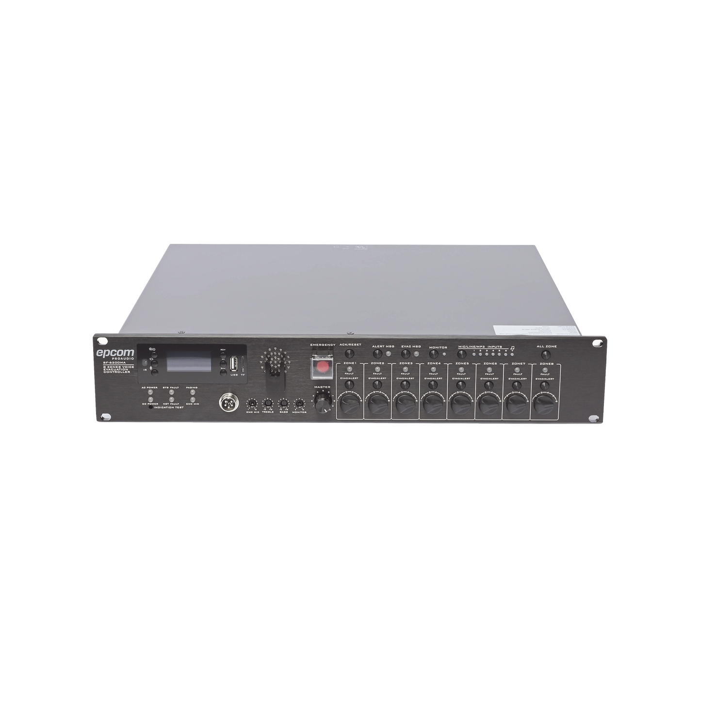 SF-6200MA Controlador de Evacuación Por Voz | 500 W | 8 Zonas independientes | 4 entradas de audio y 2 entradas de micrófono