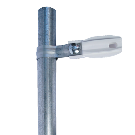 SFABRAZADERAW Aislador de paso o esquina de color Blanco con abrazadera incluida de 33-38mm para uso en tubería de malla ciclónica.