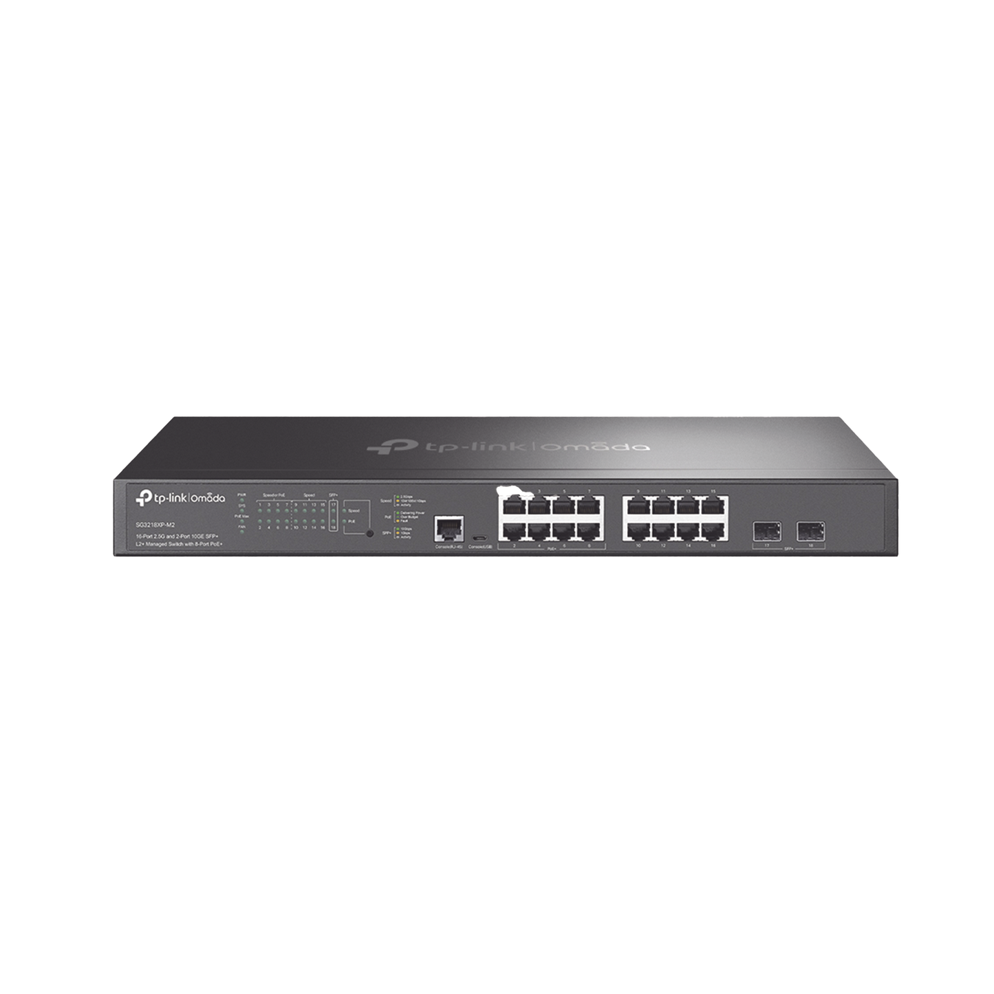 SG3218XPM2 - Switch L2+ Omada PoE+ / 16 Puertos MultiGigabit 2.5G / 8 Puertos 2.5G Sin PoE / 8 Puertos PoE+ 2.5G / 2 Puertos SFP+ 10G / Administración Centralizada Omada o Stand-Alone / Multicast IGMP / Presupuesto PoE 240W / Montaje en Rack