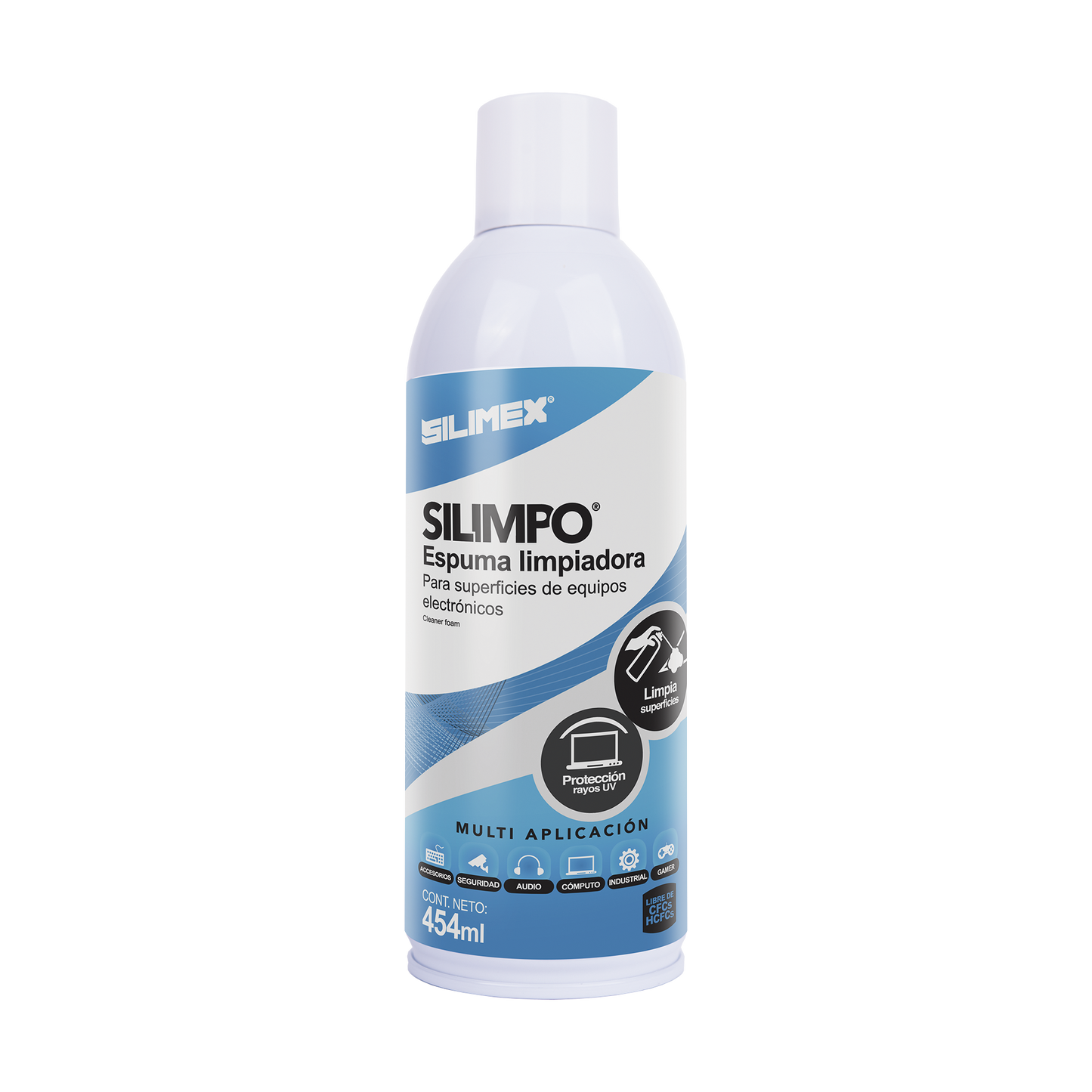 SILIMPO Espuma limpiadora para todo tipo de superficies plásticas y metálicas de sistemas de vídeo, audio, telefonía y equipo de computo, contiene protectores de rayos UV, 454 ml