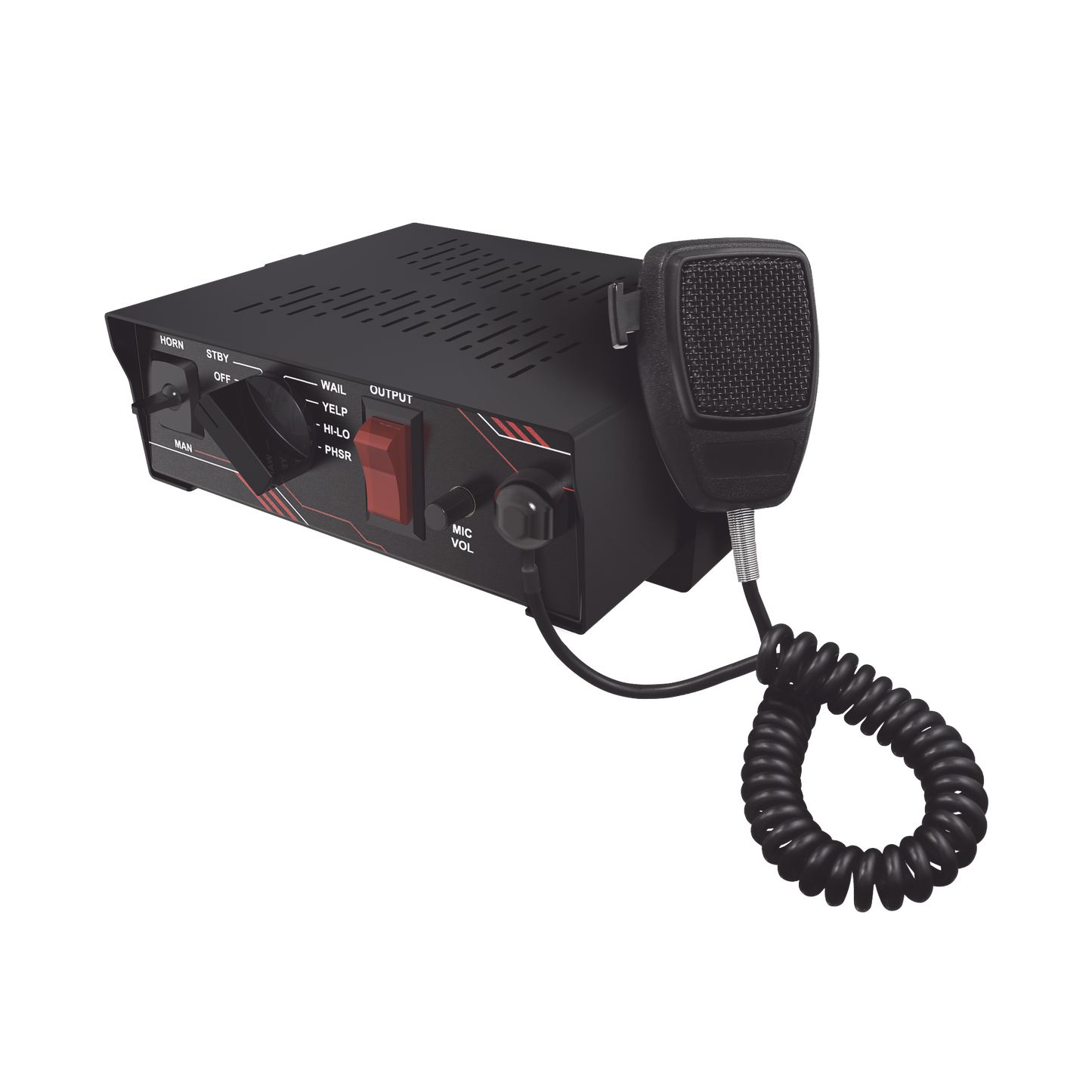 SP101 - Sirena Vehicular de 100W de Potencia, Con Switch Giratorio de 6 posiciones y Micrófono Integrado de Uso Rudo
