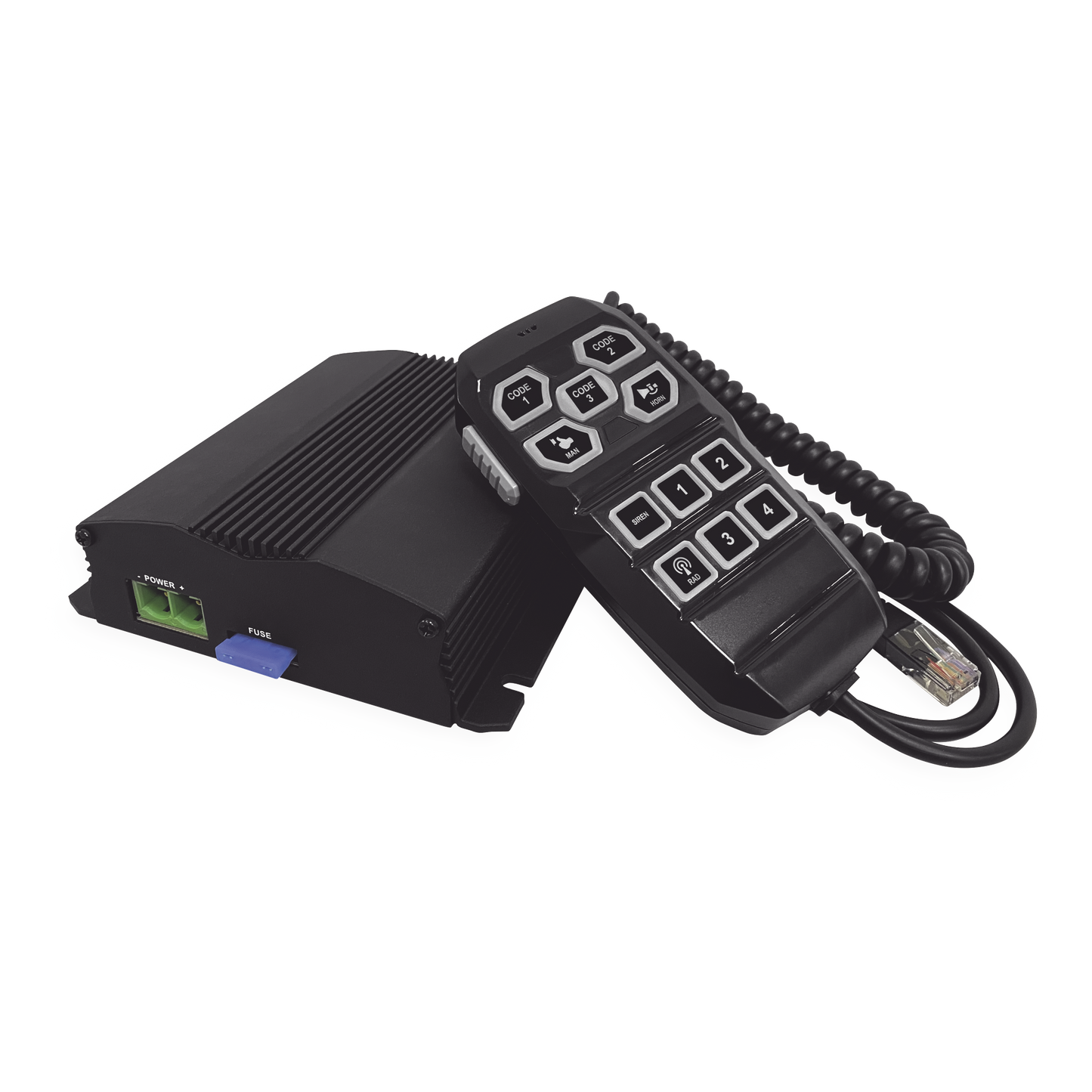 SP104 - Sirena Vehicular de 100W de Potencia, Con Controlador Unimando Para Control de Tonos, 4 Salidas Auxiliares y Microfono